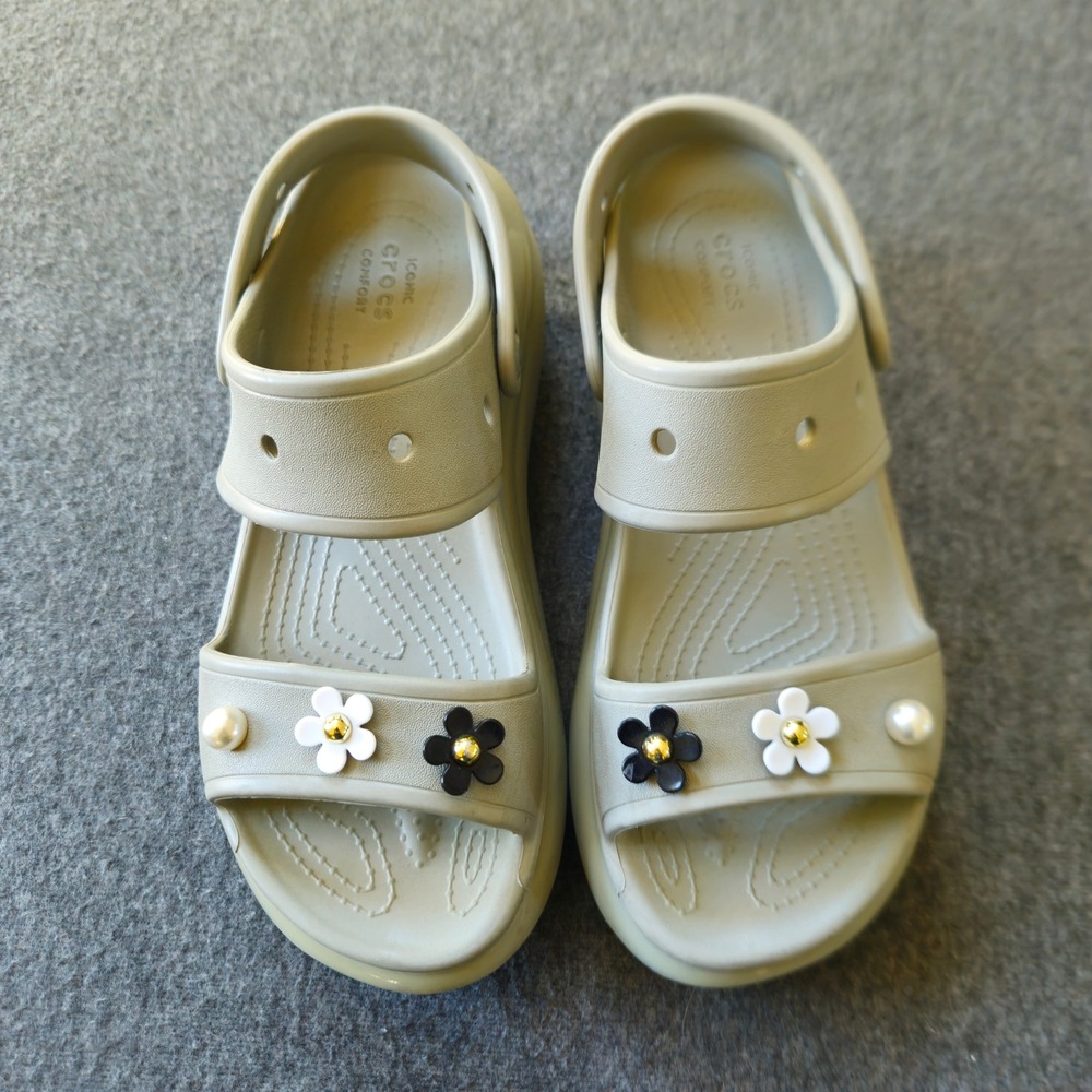 Crocs Mega Crush Sandal Bone Platform Floral Pearl Jibbitz Womens 9 Mens 7